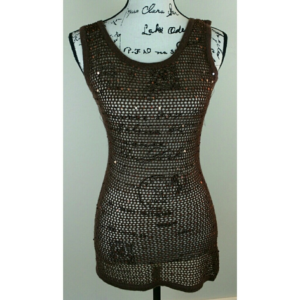 Brown Say What? Mesh tunic tank w/ sequins large